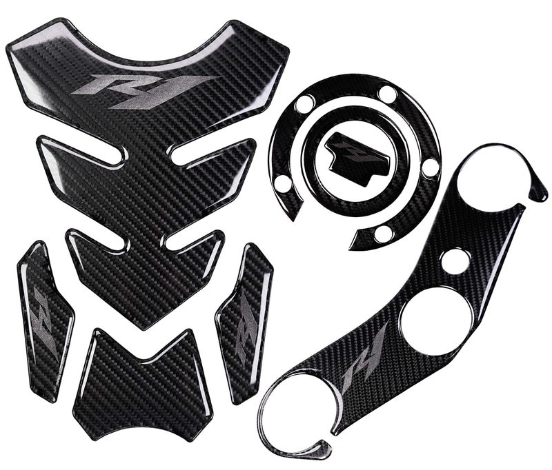 REVSOSTAR 5D Real Carbon, Motorcycle Gas Tank Protector, Grey Tank Pad Sticker, Tank Cap, Fuel Cap Decal, Triple Tree Front End Upper for R1, 3 Pcs Per Set - Image 1